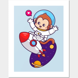 Cute Monkey Astronaut Flying With Rocket In Space Cartoon Posters and Art